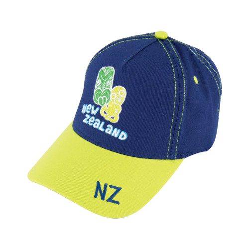 Green and blue kids New Zealand cotton cap with tiki and teko design