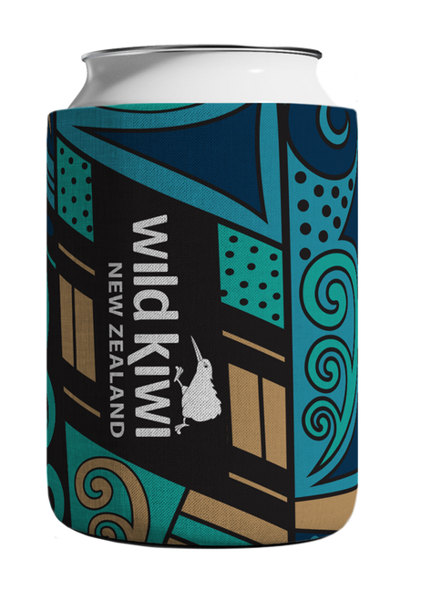 Can cooler with teal and blue koru style pattern