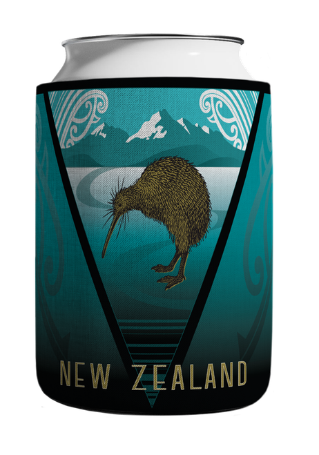 New Zealand can cooler with kiwi and snowy mountain scene