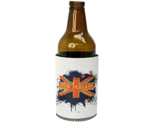 New Zealand flag can cooler with red, white and blue splatter design