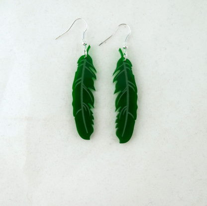 Dangly engraved wooden feather earrings on hooks - various colours