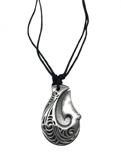 Large pewter Fish Hook necklace with tattoo and koru design