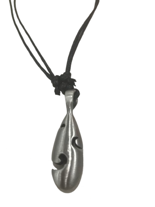 Pewter patu (club) pendant with koru design on black cord