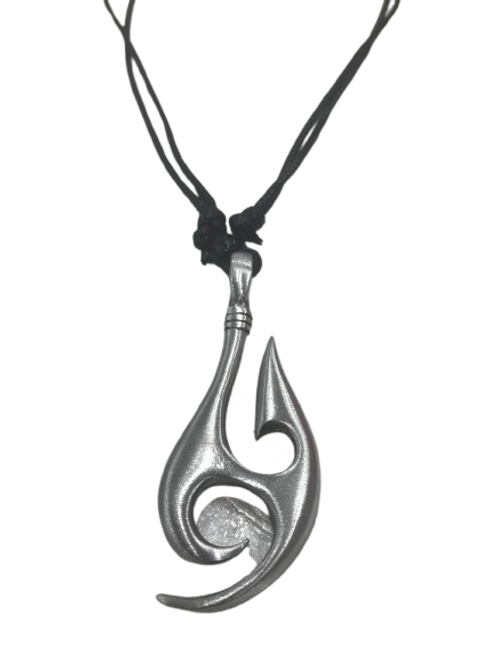 Pewter Fish hook pendant with cut out koru design