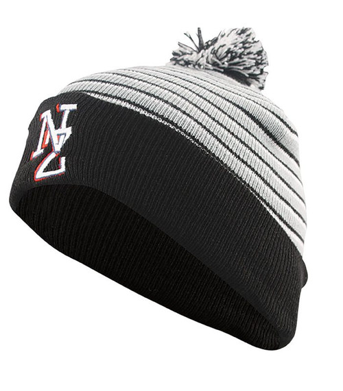Grey and black striped New Zealand beanie with embroidered NZ logo and pom pom