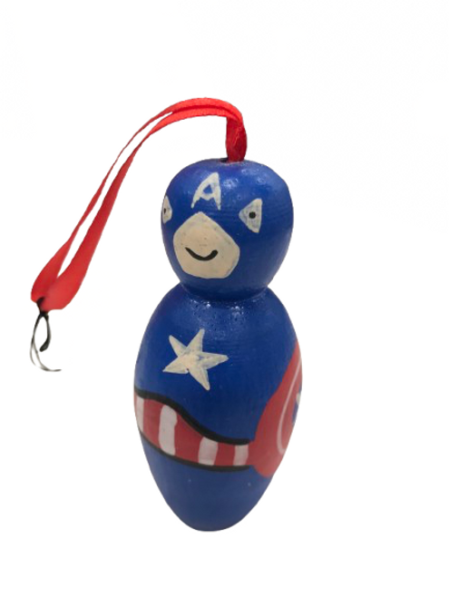 Captain America handmade wooden skittles (4cm x 8cm) free standing and hanging