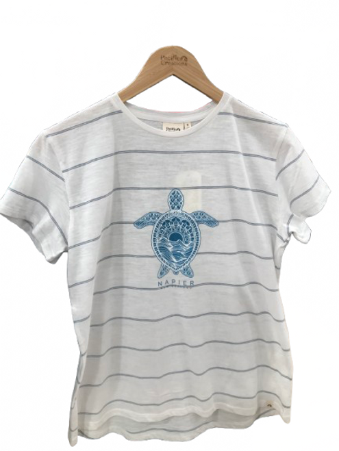 White with navy blue stripes women's Napier NZ souvenir T-shirt with turtle design
