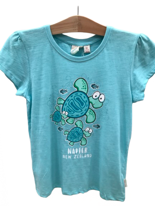 Aqua blue children's Napier NZ souvenir T-shirt with cartoon turtles Aqua blue children's Napier NZ souvenir T-shirt with cartoon turtles