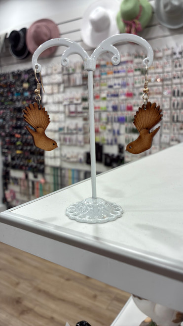Wooden pīwakawaka fantail earrings on hooks by SONZ, handmade in New Zealand