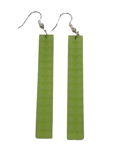 Lime green rectangle earrings with pacific spear design
