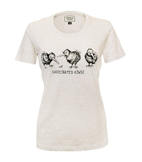 Light grey ladies' NZ souvenir t-shirt with caffeinated kiwi design