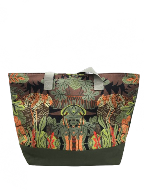 Zip close green canvas tote bag with jungle design Zip close green canvas tote bag with jungle design