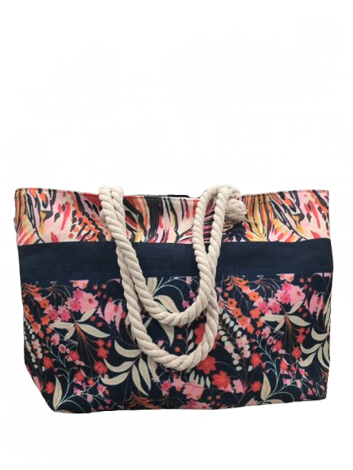 Blue tote bag with floral design and rope handles Blue tote bag with floral design and rope handles