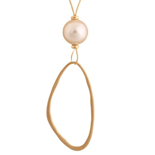 Irregular hollow oval pendant with large faux pearl on chain Irregular hollow oval pendant with large faux pearl on chain