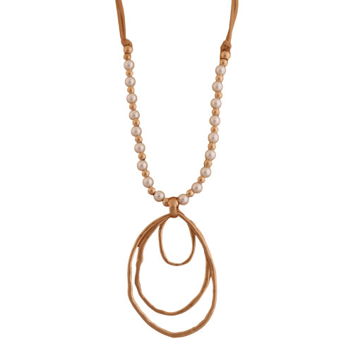 Triple hollow oval matt metal pendant on cord with bead detail