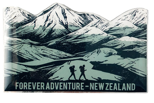 Forever Adventure New Zealand mountain fridge magnet with two hikers