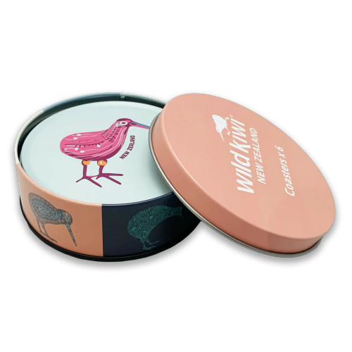 Set of six New Zealand kiwi coasters with different designs and a storage tin