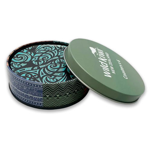 Set of six New Zealand kōwhaiwhai coasters with a storage tin