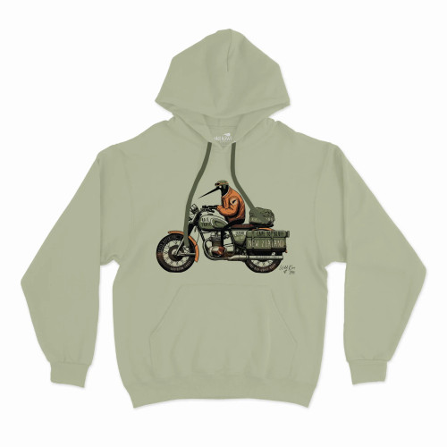Pale green men’s hoodie featuring a kiwi riding a motorbike