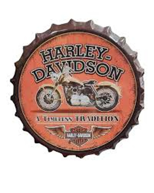 Harley Davidson bike on oversized wall hanging bottle cap Harley Davidson bike on oversized wall hanging bottle cap