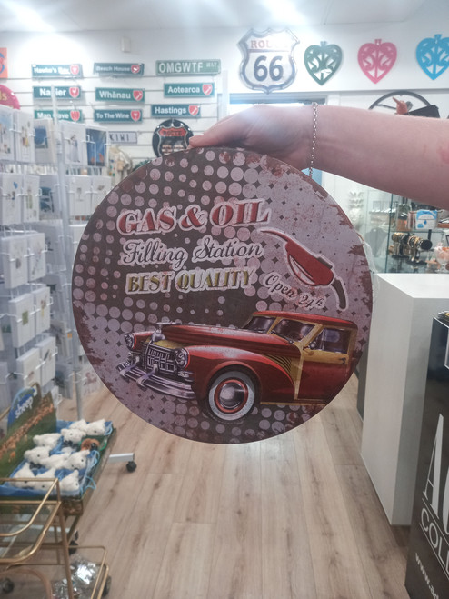 Retro Gas And Oil Filling Station Round Tin Sign