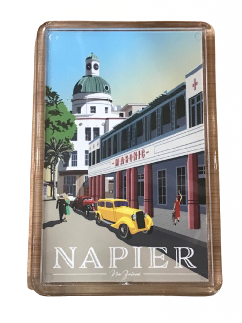 Napier Fridge Magnet with Masonic Hotel and vintage cars Napier Fridge Magnet with Masonic Hotel and vintage cars
