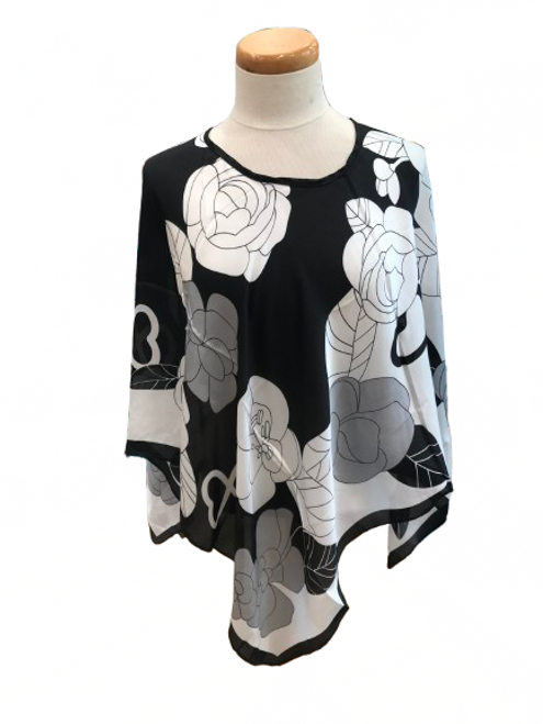 Summerweight poncho - black and white camelia design Summerweight poncho - black and white camelia design