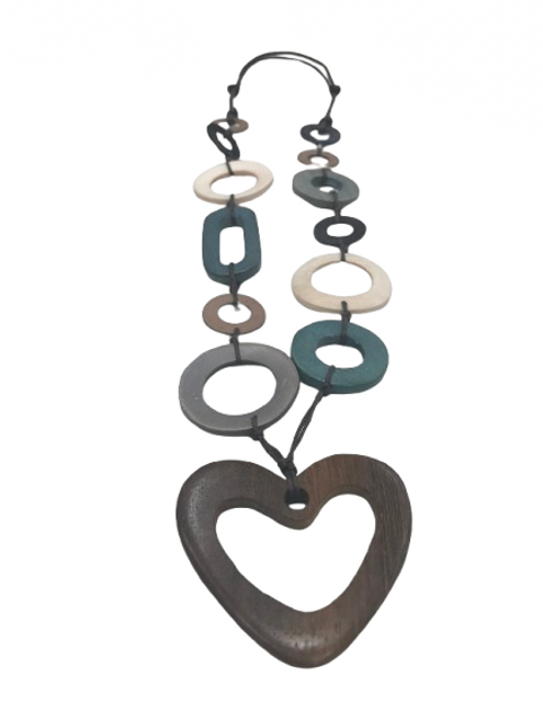 Wooden hollow hoop necklace with brown hollow heart Wooden hollow hoop necklace with brown hollow heart
