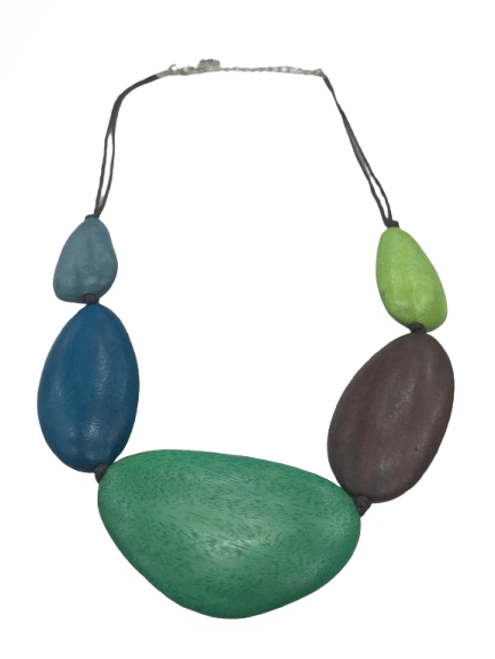 Oval wooden beads necklace - green,blue,brown Oval wooden beads necklace - green,blue,brown