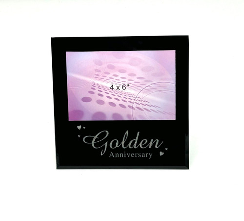 Golden Anniversary mirrored glass photo frame for 50th wedding anniversary gift, fits 4 x 6 photo