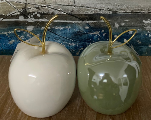 iApples White And Green With Gold Metal Stems Ceramic 12 cm 2 Assorted