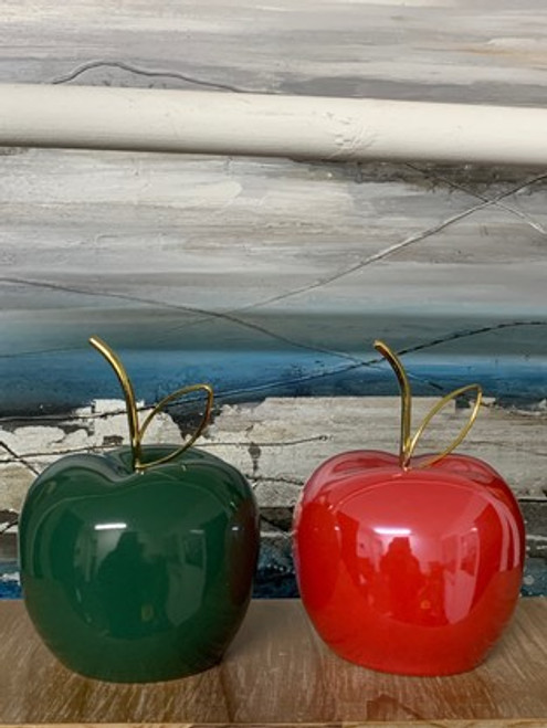 Apples Pearlish Red And Dark Green with Gold Metal Stems Ceramic 16 cm 2 Assorted