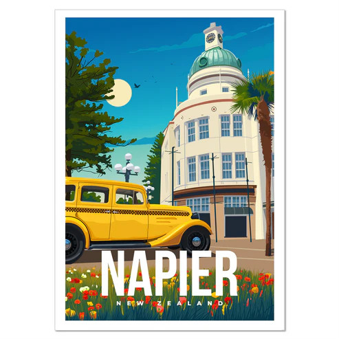 Napier Art Deco travel print featuring The Dome building and a vintage car