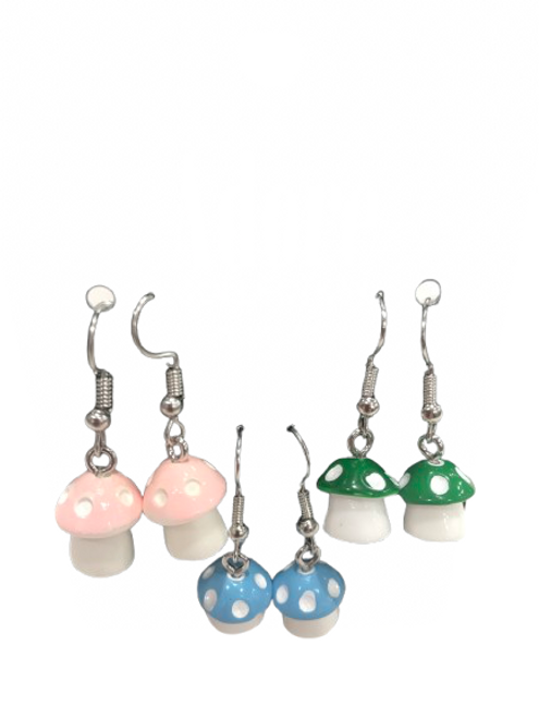 Set of three mushroom earrings on hooks - pink, blue and green Set of three mushroom earrings on hooks - pink, blue and green