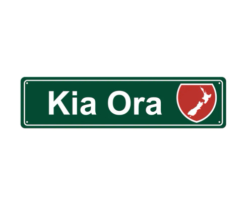 Green Kia Ora Hanging Road Sign Green Kia Ora Hanging Road Sign