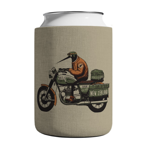 Can cooler with Kiwi on a motorbike print