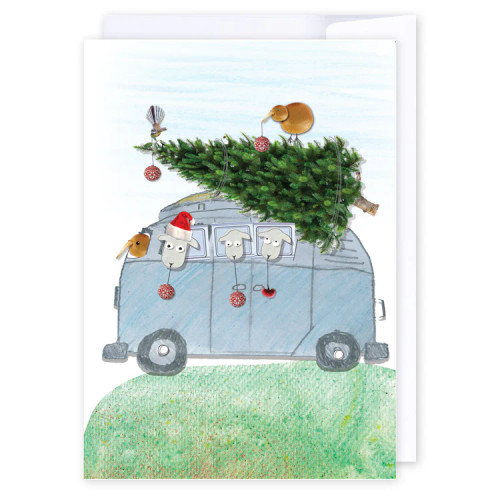 Kiwiana Christmas card - sheep and kiwi in a Kombi Kiwiana Christmas card - sheep and kiwi in a Kombi