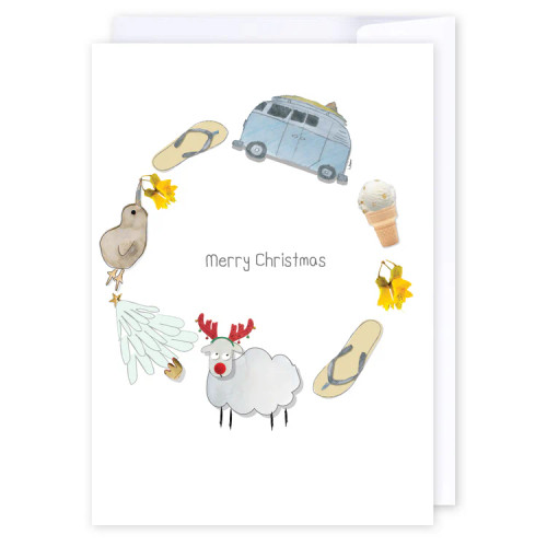 Kiwiana Christmas card - Kiwiana wreath Kiwiana Christmas card - Kiwiana wreath