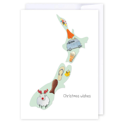 Kiwiana Christmas greeting card featuring a map of New Zealand
