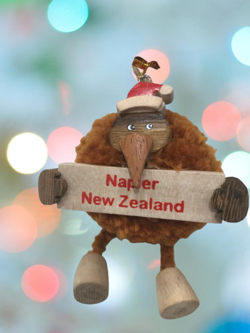 Hanging Christmas Pom Pom Kiwi with Napier New Zealand sign Hanging Christmas Pom Pom Kiwi with Napier New Zealand sign