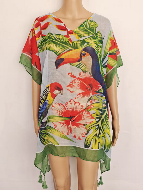 Kaftan with toucan and parrot design Kaftan with toucan and parrot design