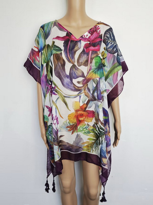 Kaftan with floral design and purple border Kaftan with floral design and purple border