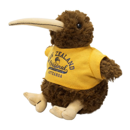 NZ Soft Toy Kiwi Wearing Yellow NZ Originals T-Shirt