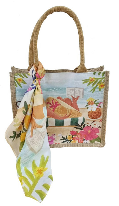Small hessian bag with matching scarf and scarf ring - beach scene Small hessian bag with matching scarf and scarf ring - beach scene