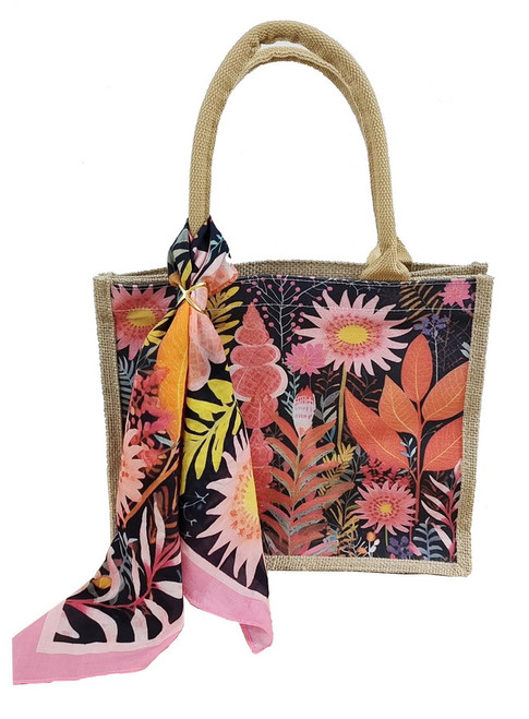 Small hessian bag with matching scarf and scarf ring - pink and orange floral design al Small hessian bag with matching scarf and scarf ring - pink and orange floral design al