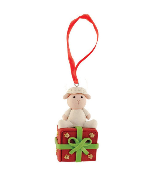Clay Sheep With Gift Box Tree Ornament Clay Sheep With Gift Box Tree Ornament