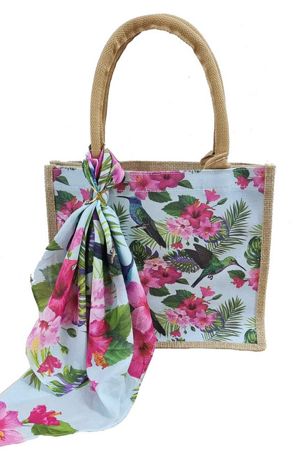 Small hessian bag with matching scarf and scarf ring - birds and frangipani design Small hessian bag with matching scarf and scarf ring - birds and frangipani design