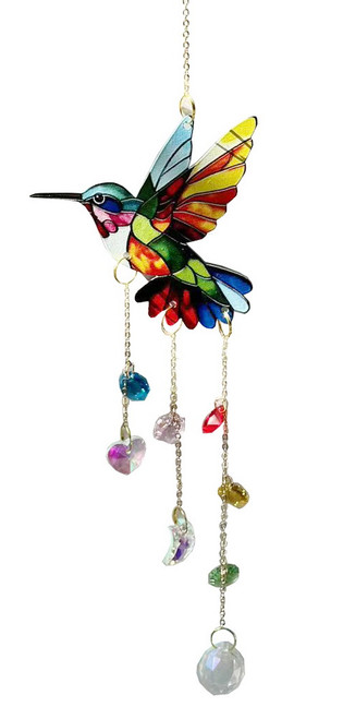 Hanging colourful hummingbird with coloured crystals