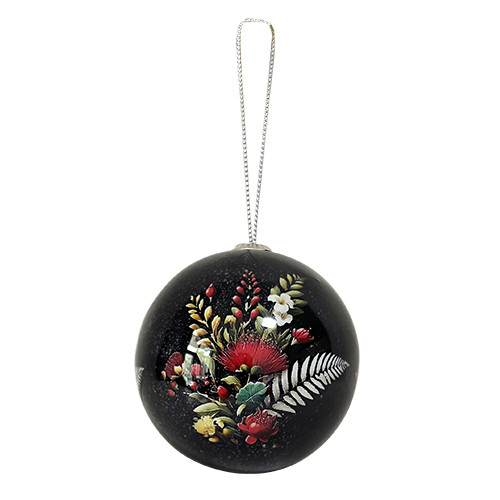 Pōhutukawa Tapestry glitter Christmas bauble with colourful flowers, green foliage and white fern detail