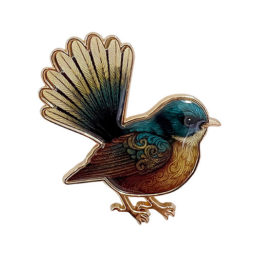 New Zealand Nest Fantail enamel fridge magnet with a fan-shaped tail